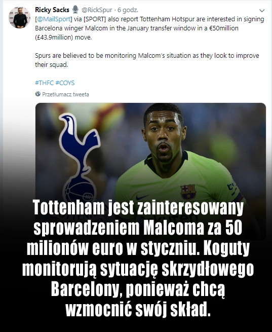 ''SPORT'': Tottenham zainteresowany Malcomem